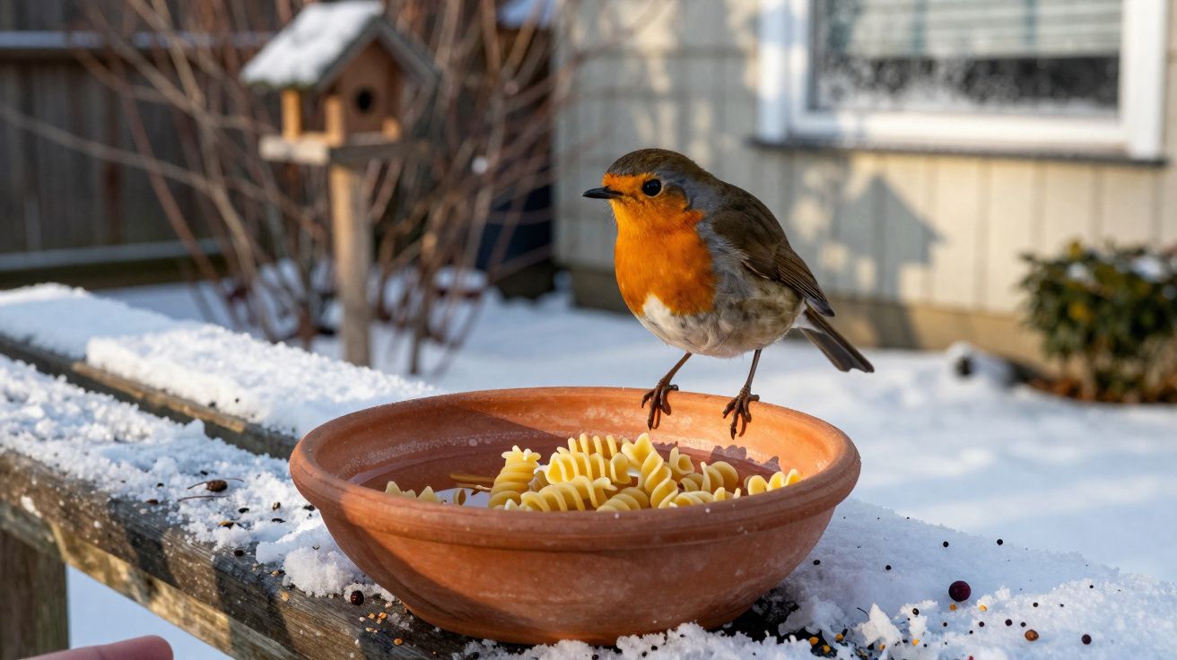 Pássaro de peito laranja pousado em tigela com macarrão em madeira com neve em área externa.