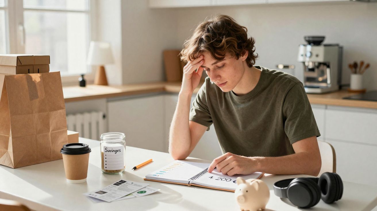 Jovem preocupado revisa contas e anotações financeiras em mesa com cofrinho e copo de café na cozinha.