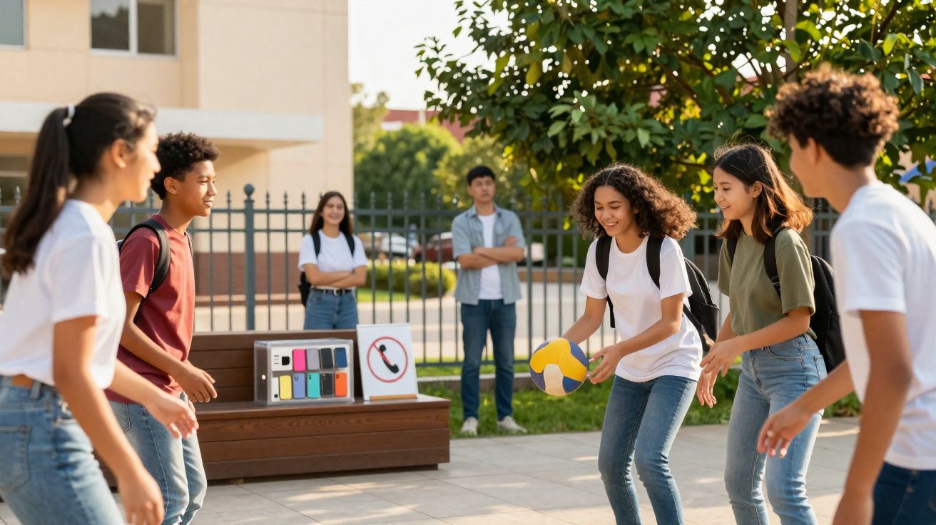 Adolescentes jogando vôlei em praça escolar ao ar livre em dia ensolarado.