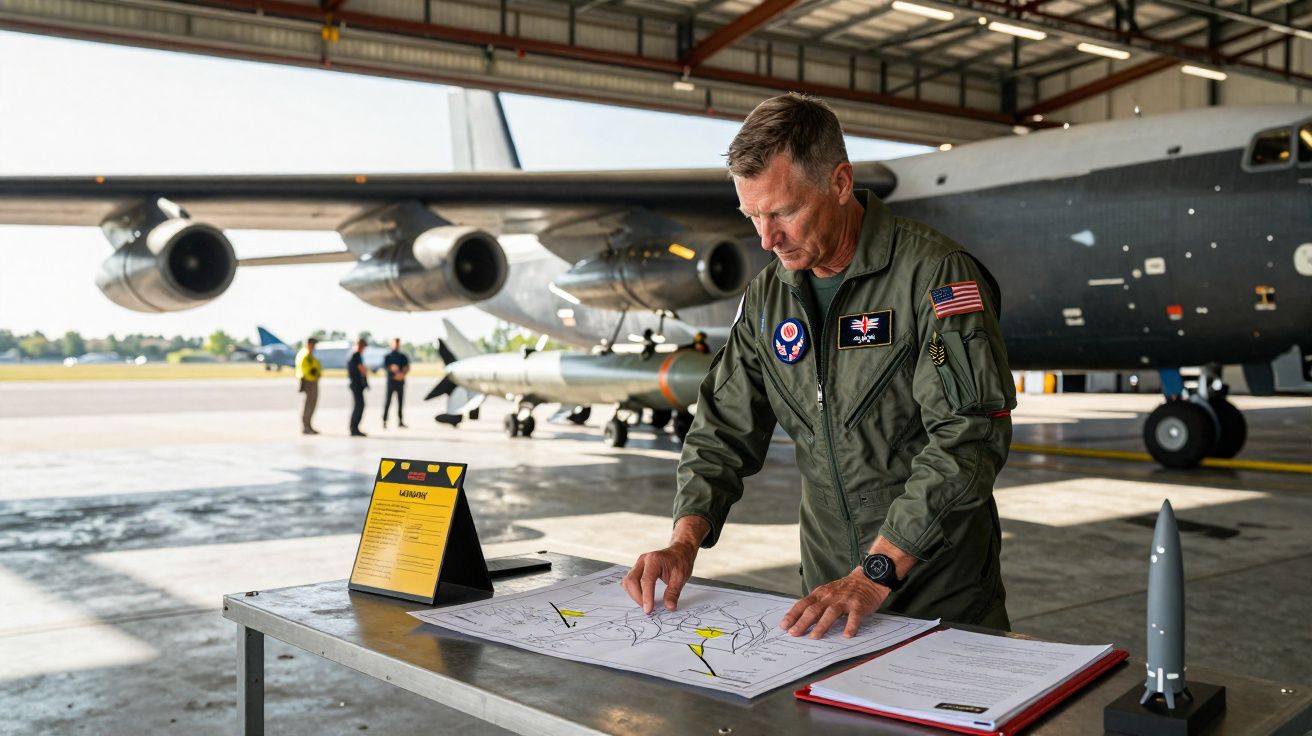Homem em uniforme militar analisando planos em mesa na frente de avião e bomba em hangar aéreo.