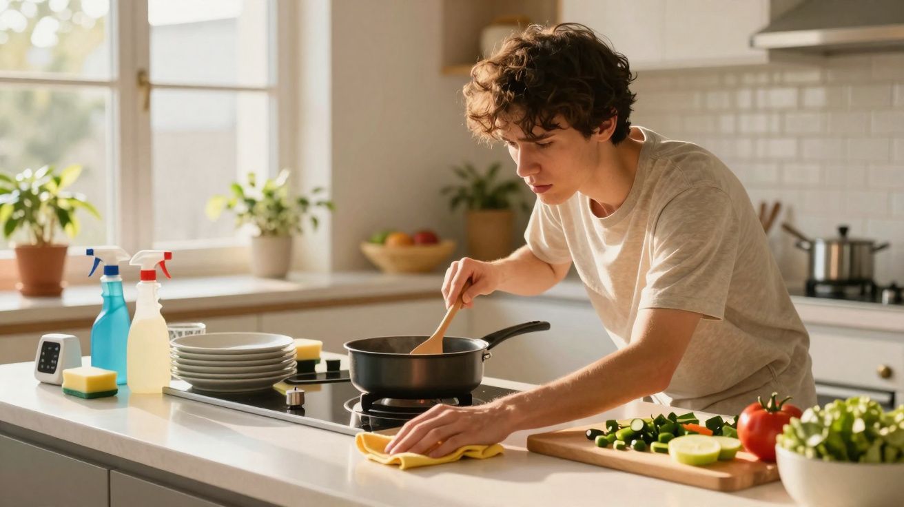 Jovem cozinhando e limpando a bancada da cozinha com legumes frescos ao lado.
