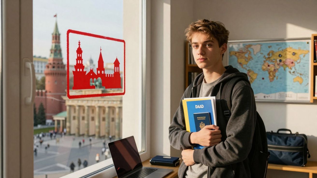 Jovem segurando livros em sala com mochila, janela com adesivo vermelho, vista de praça e torre ao fundo.