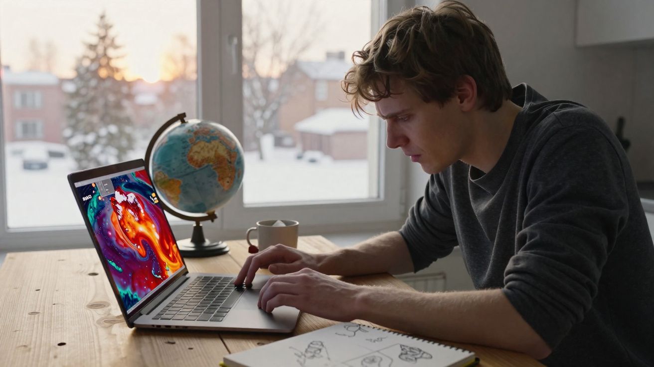 Jovem concentrado usando laptop em mesa de madeira, com globo terrestre, xícara e caderno, janela com neve ao fundo.