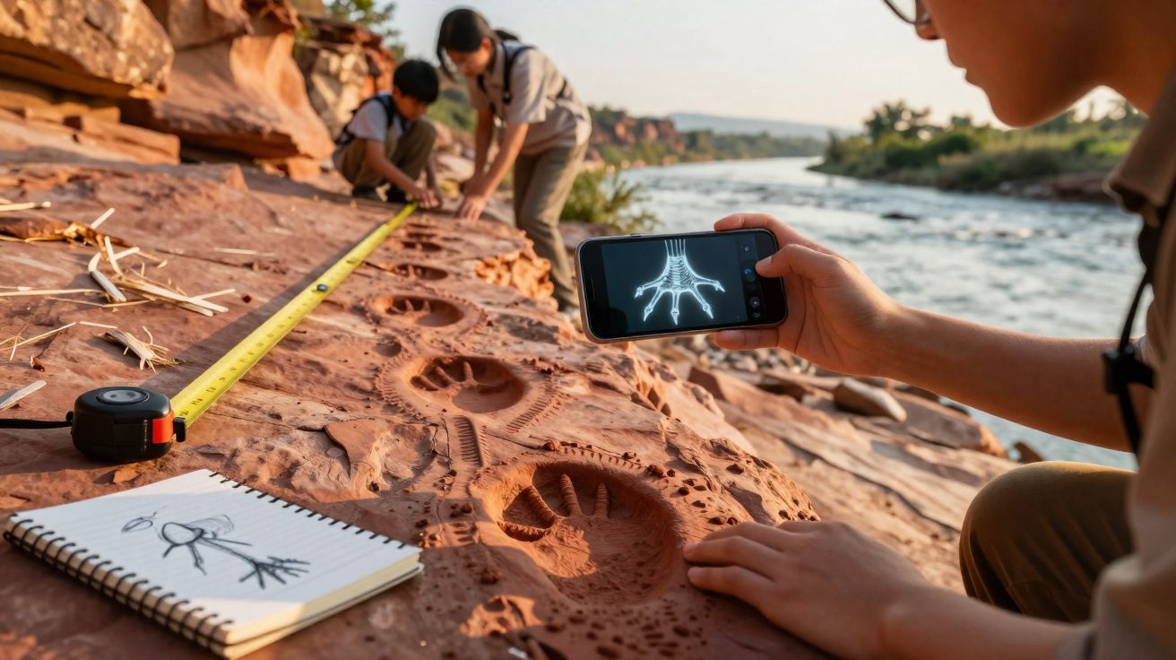 Crianças medindo pegadas fosséis em rocha avermelhada perto de um rio, usando celular e caderno para anotações.