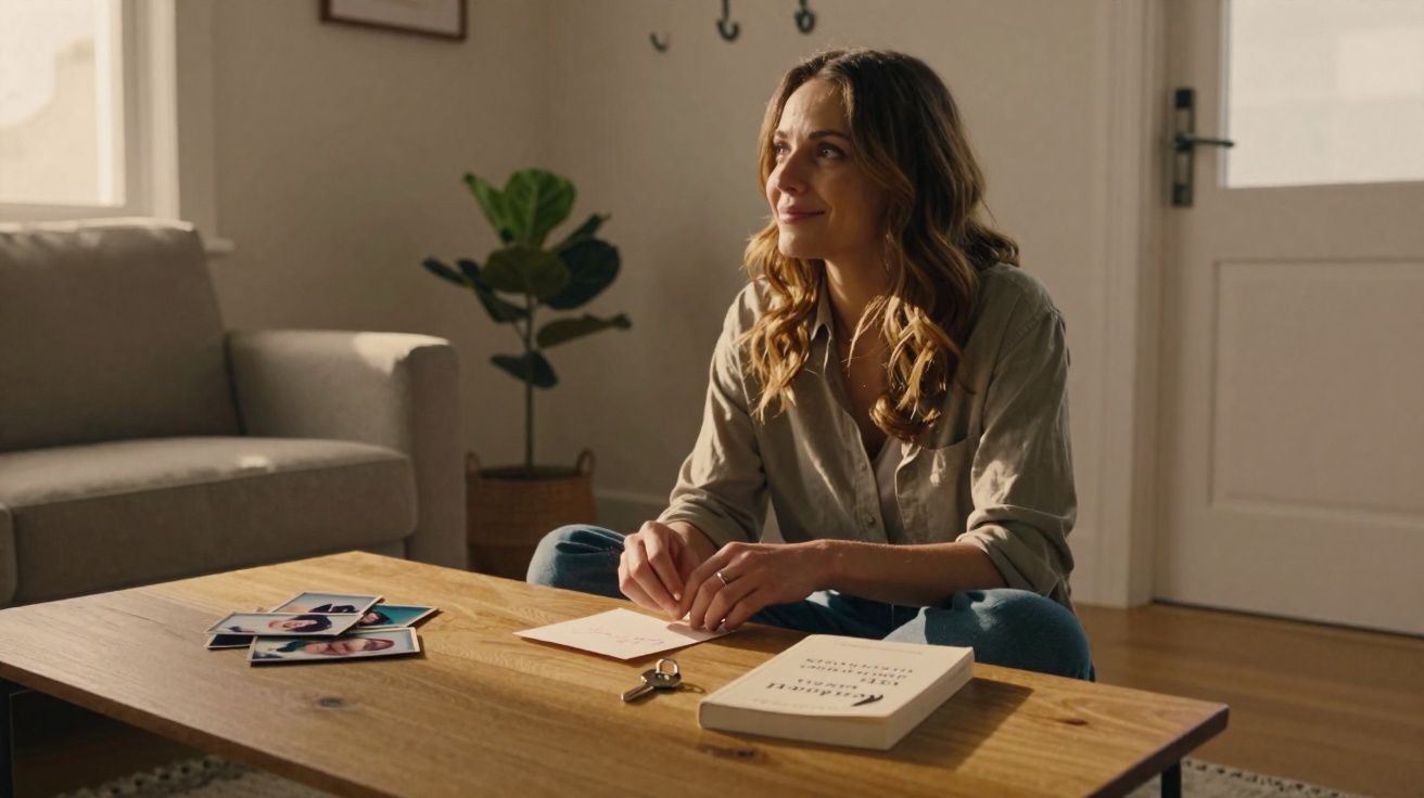Mulher sentada no chão olhando para frente, com fotos, chave e livro sobre mesa de madeira à sua frente.