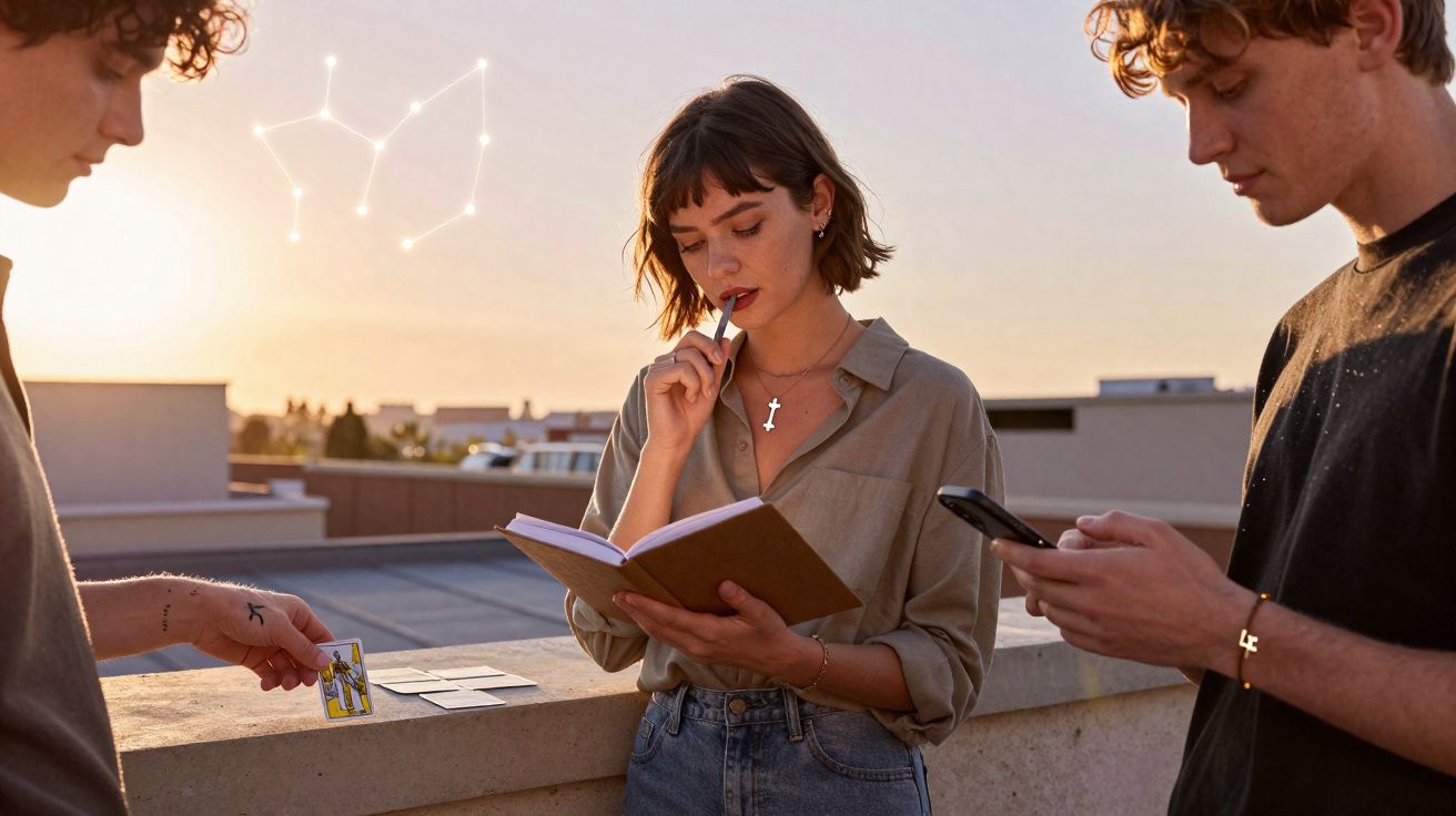 Três jovens em um terraço ao pôr do sol, uma lendo um caderno, outra mexendo no celular e uma carta de tarô.