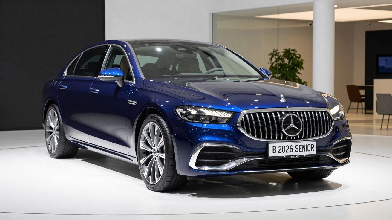 Carro sedã Mercedes-Benz azul metálico exibido em ambiente interno branco e moderno.
