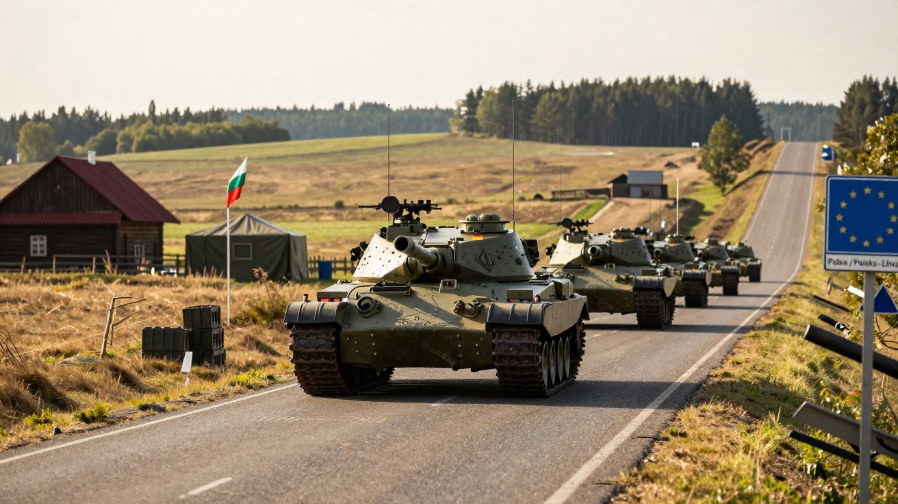 Coluna de tanques militares em estrada rural com placa da União Europeia e bandeira da Bulgária.