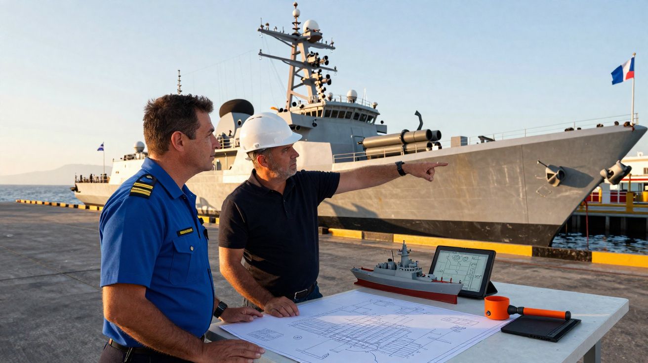 Dois homens, um com uniforme azul e outro com capacete, analisam plantas e modelo de navio ao lado de embarcação naval.