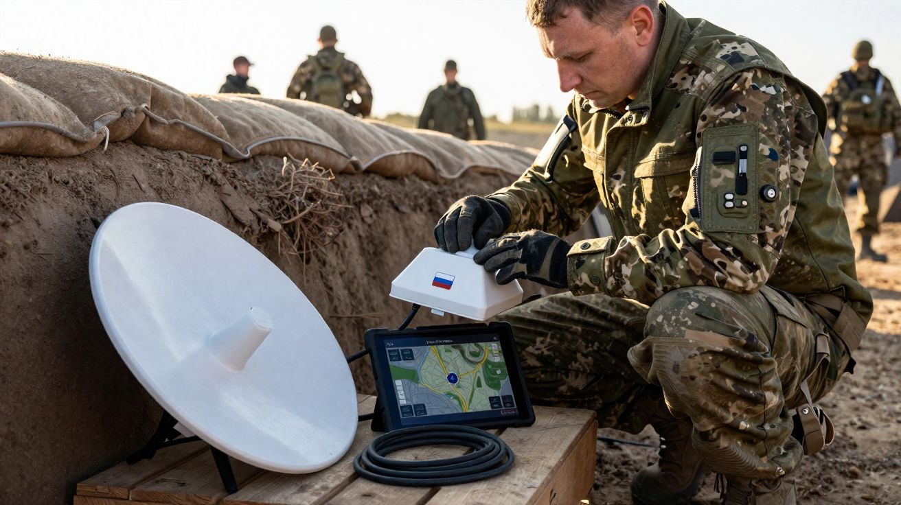 Soldado em uniforme camuflado usa dispositivo satélite perto de uma antena parabólica branca em campo aberto.