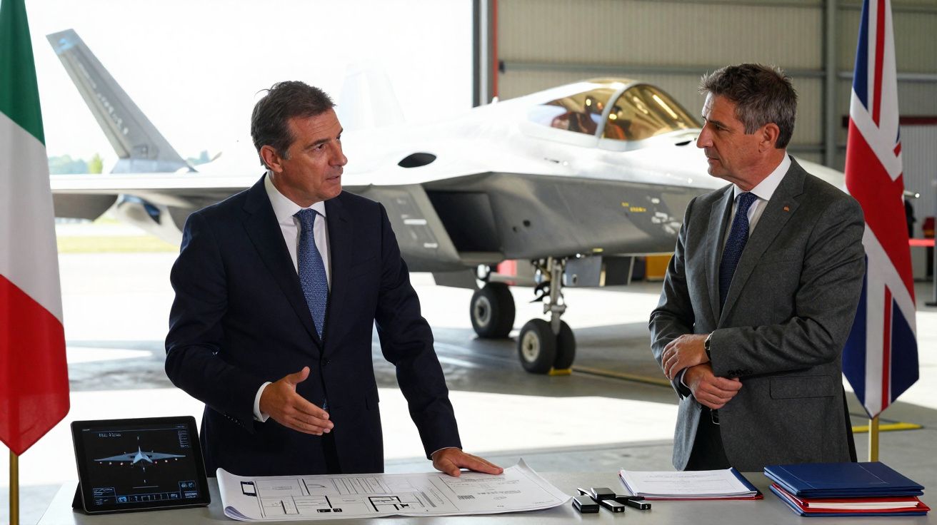 Dois homens de terno discutem planos em hangar com jato militar ao fundo e bandeiras da Itália e Reino Unido.