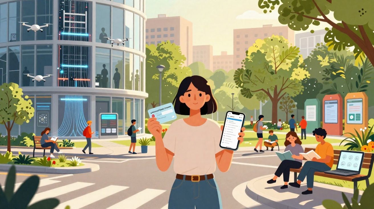 Mulher em parque urbano segurando smartphone e cartão digital com prédios e pessoas ao fundo.