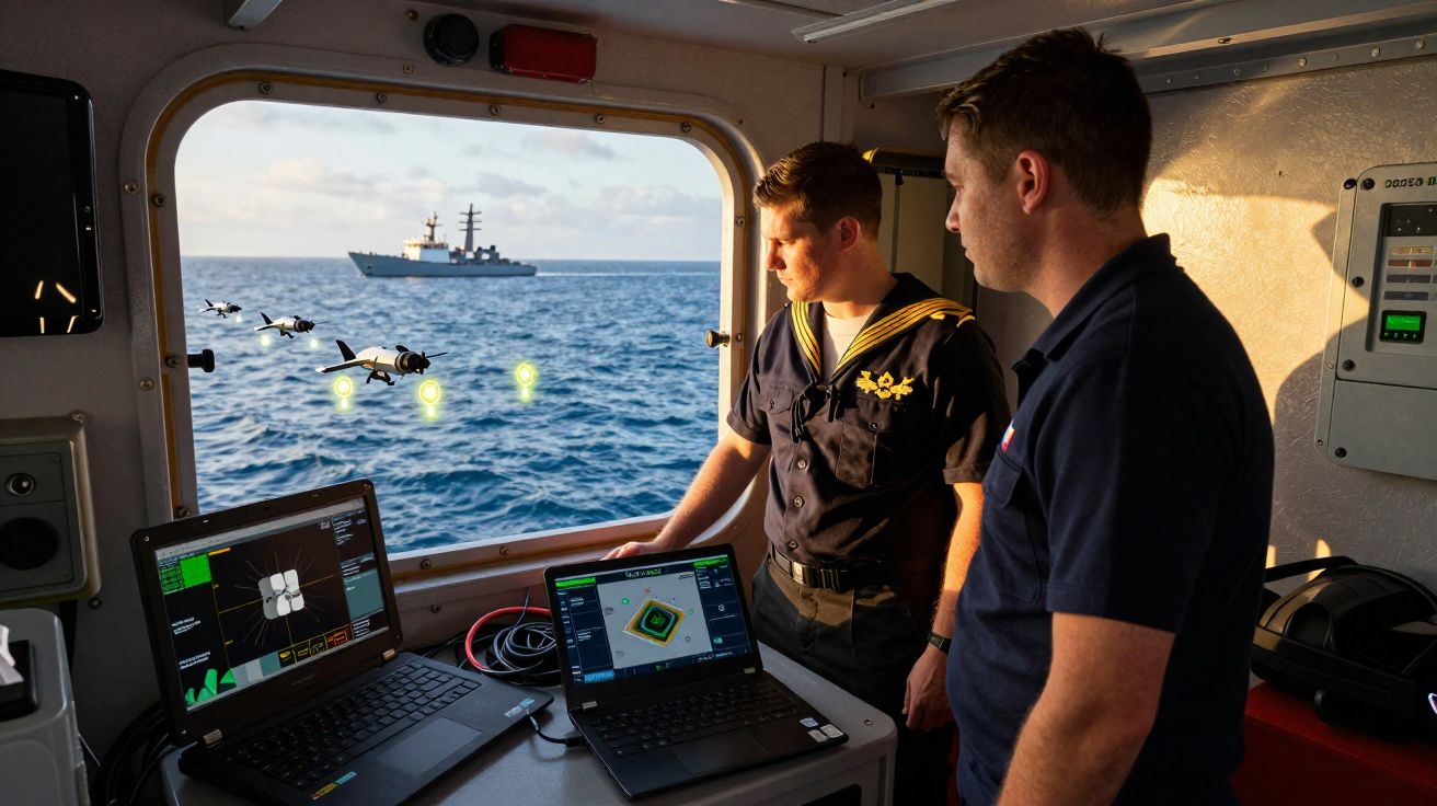 Dois homens em uniforme naval observam drones voando sobre o mar próximo a um navio de guerra.