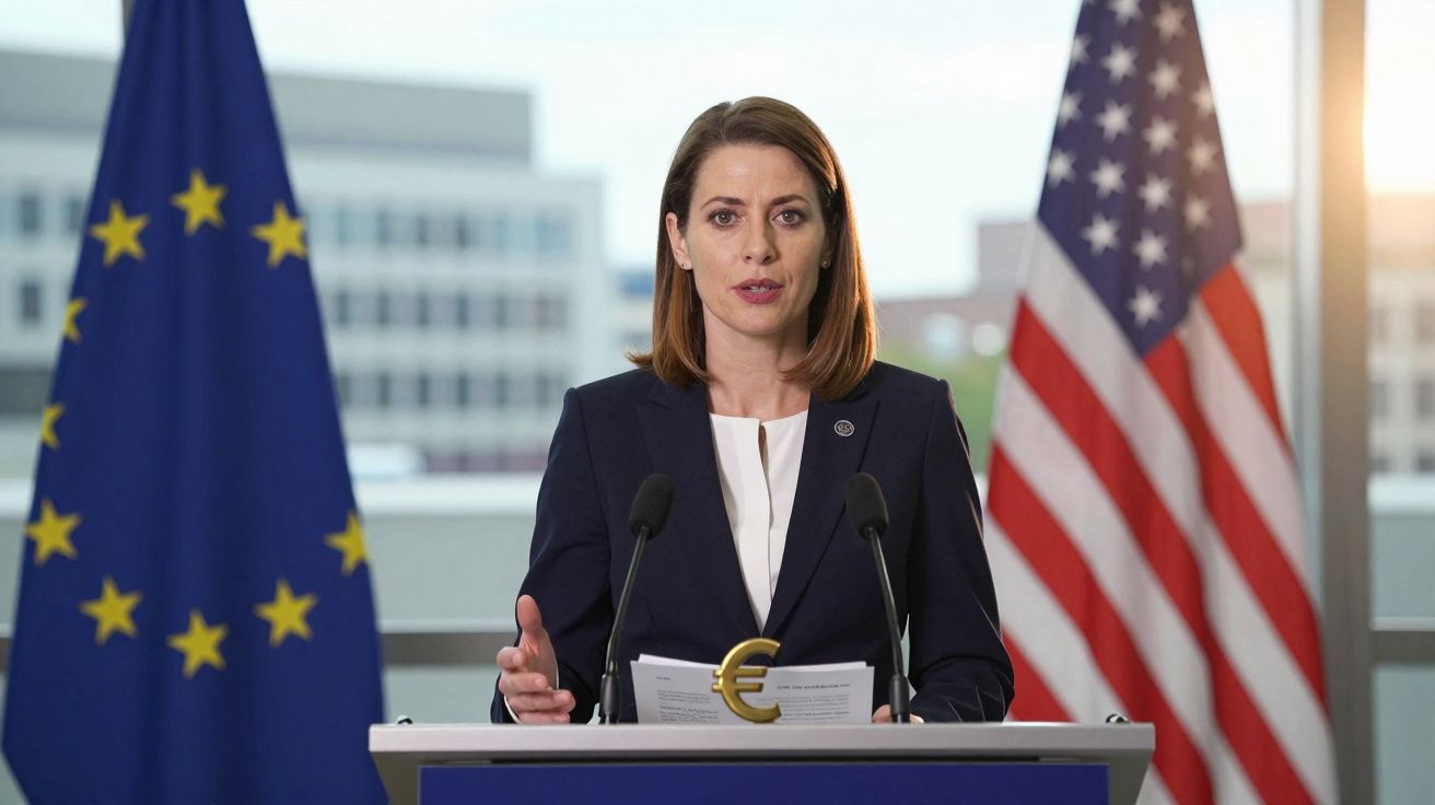 Mulher em terno azul discursa em púlpito com bandeiras da União Europeia e dos Estados Unidos ao fundo.