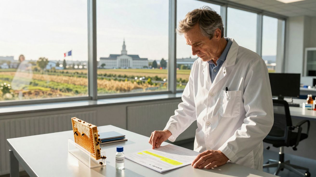 Cientista em jaleco branco revisa documento em laboratório com colmeia e paisagem urbana ao fundo.