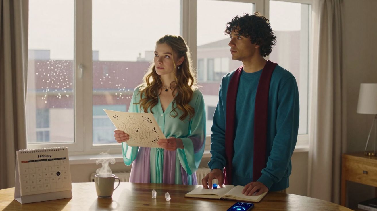 Jovem mulher segura mapa e jovem homem faz anotações em mesa com cristais e calendário em ambiente iluminado.