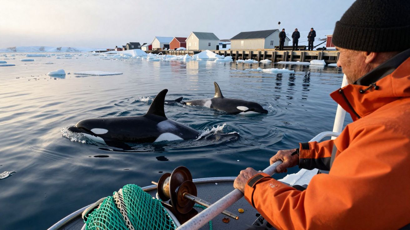 Homem observa duas orcas nadando próximas a barcos e casas sobre a água gelada em região polar.