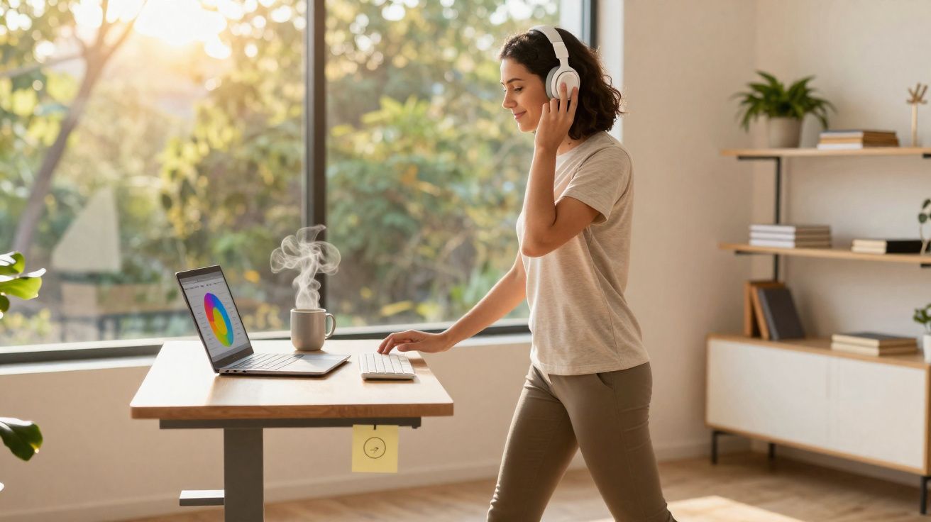 Mulher com fones de ouvido ajusta teclado em mesa com notebook e xícara com vapor perto de janela.