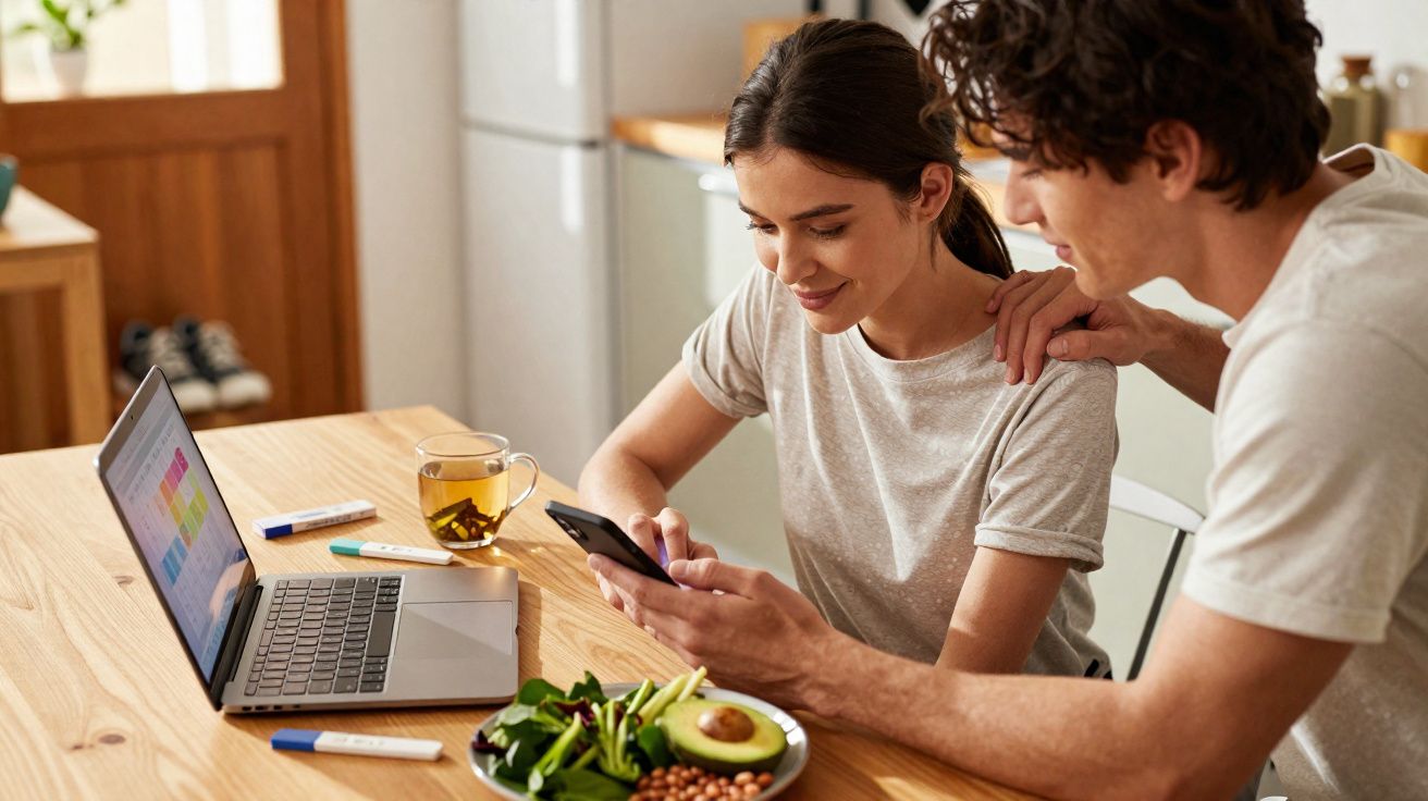 Casal jovem na cozinha com laptop, celular e prato de comida saudável na mesa de madeira.