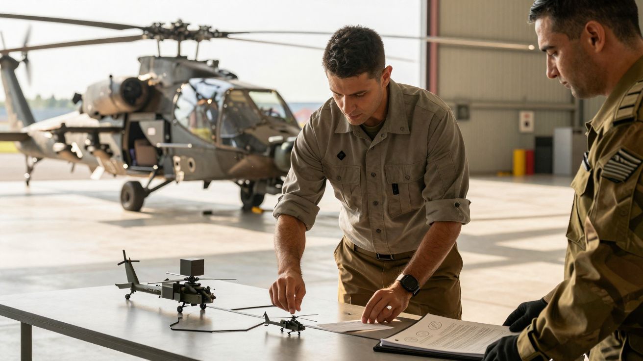 Militares analisam modelos reduzidos de helicópteros em hangar com helicóptero real ao fundo.