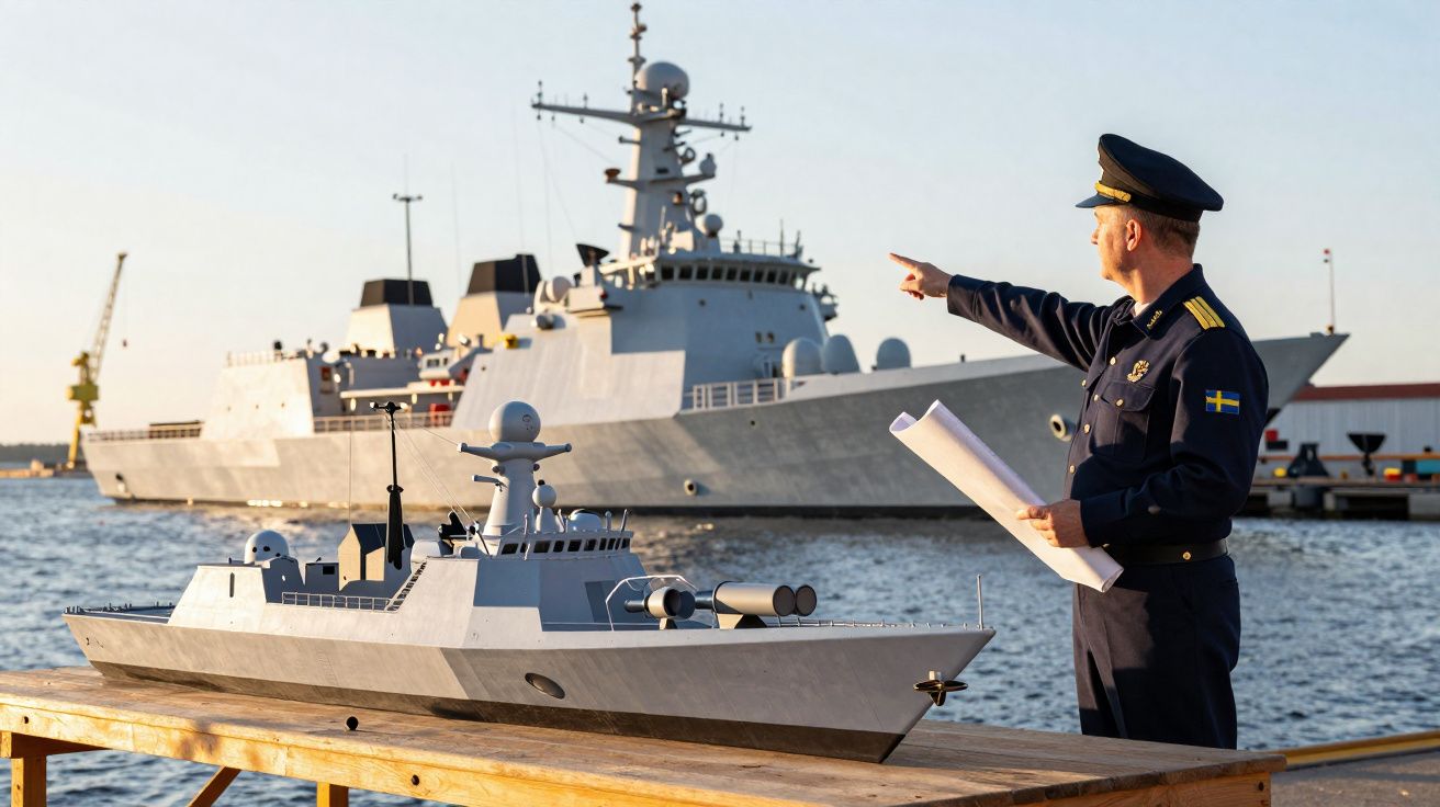 Oficial da marinha sueca aponta enquanto observa modelo e navio de guerra no cais ao pôr do sol.