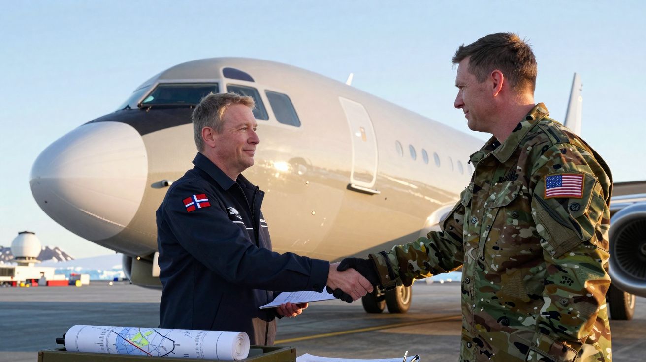 Dois militares apertando as mãos em frente a um avião no aeroporto ao entardecer.