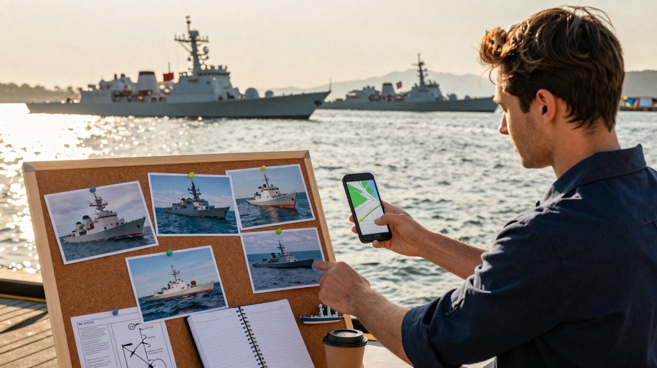Homem analisando fotos de navios em mural com mar e navios ao fundo, segurando celular com mapa.