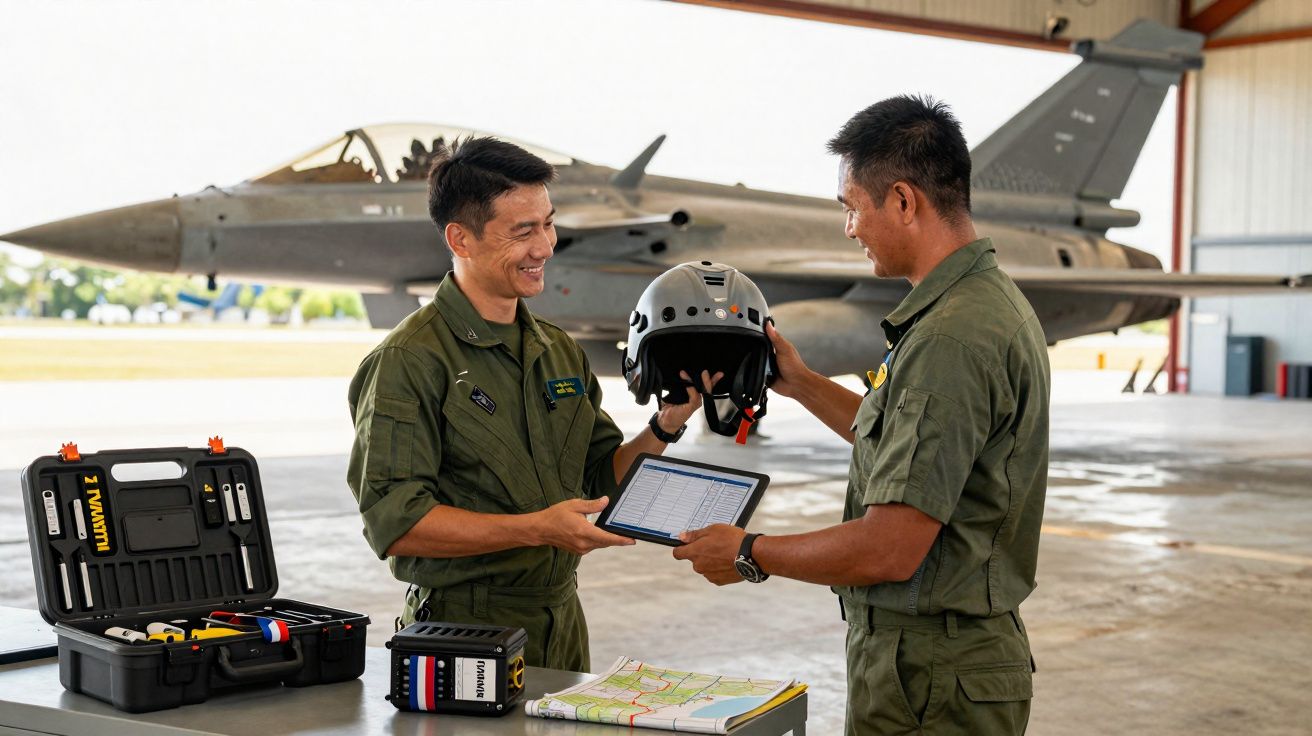Dois militares em uniforme verde trocando capacete em hangar com caça ao fundo e equipamentos sobre mesa.