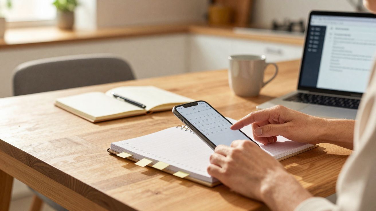 Pessoa usando celular com calendário ao lado de caderno, xícara e notebook em mesa de madeira clara.