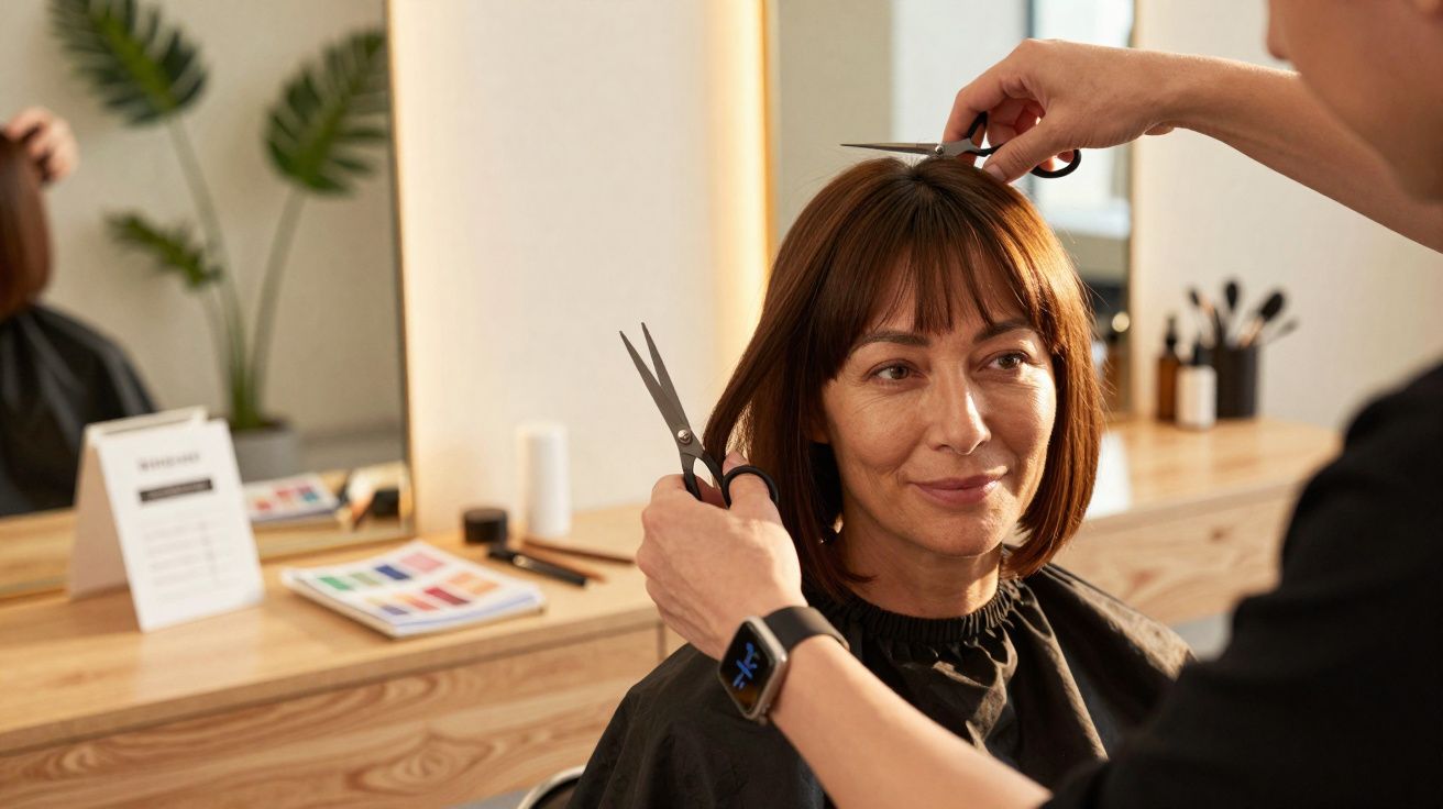 Mulher sorridente cortando o cabelo em salão com cabeleireiro usando tesoura.