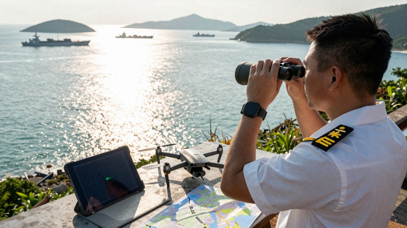 Oficial naval usando binóculos para observar navios de guerra no mar ao pôr do sol, com drone e mapa à frente.