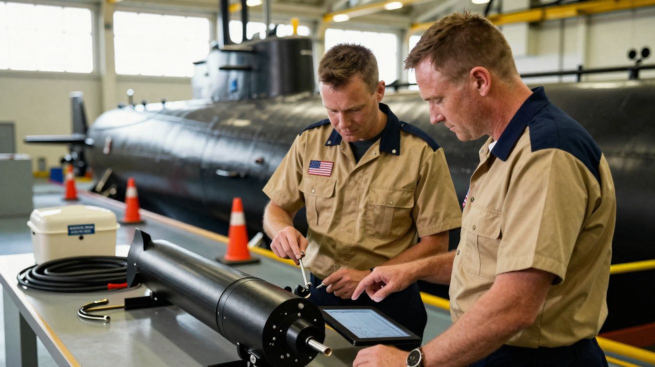 Dois técnicos uniformizados trabalham em equipamento mecânico próximo a submarino em oficina.