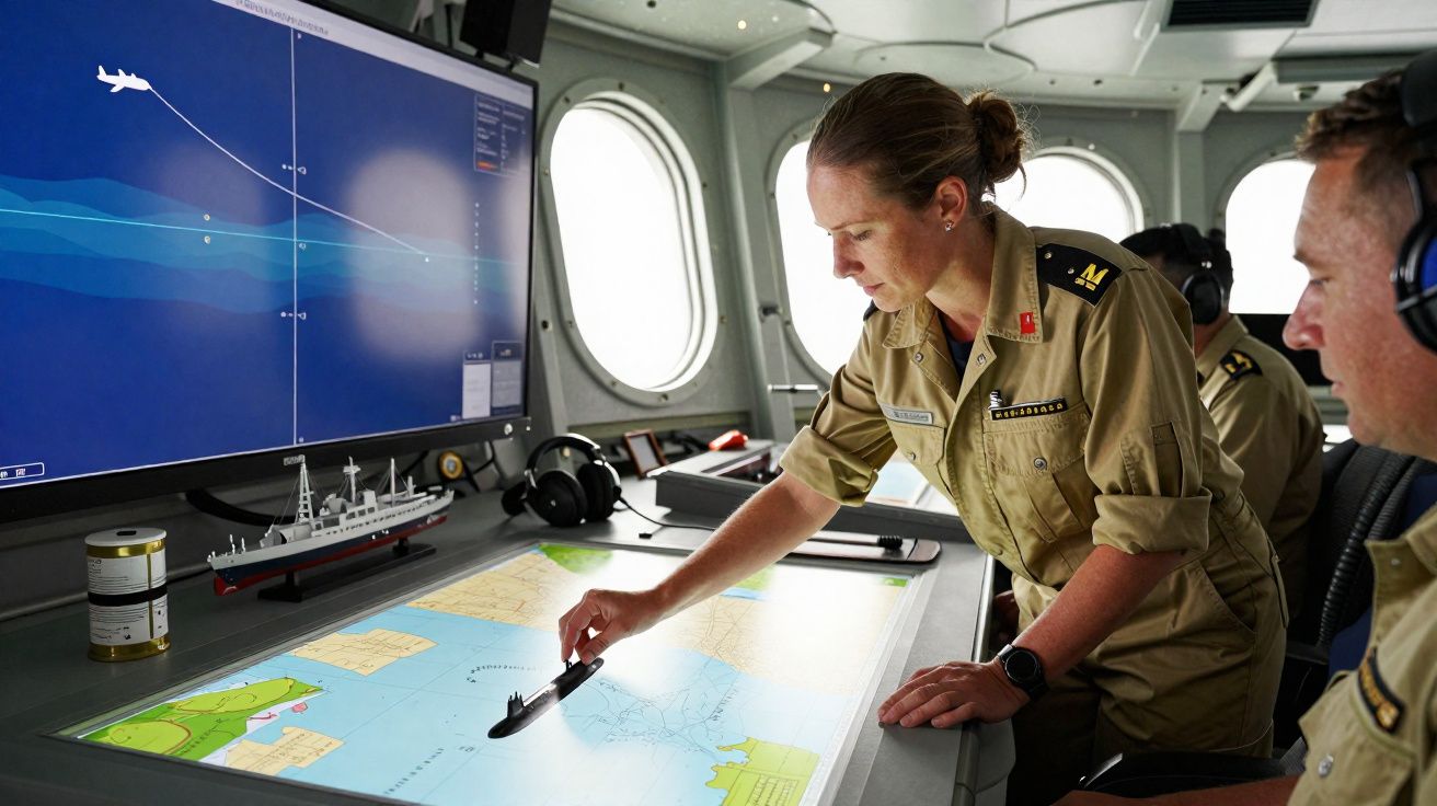 Mulher militar manipulando uma maquete de submarino sobre mapa em sala de comando naval.