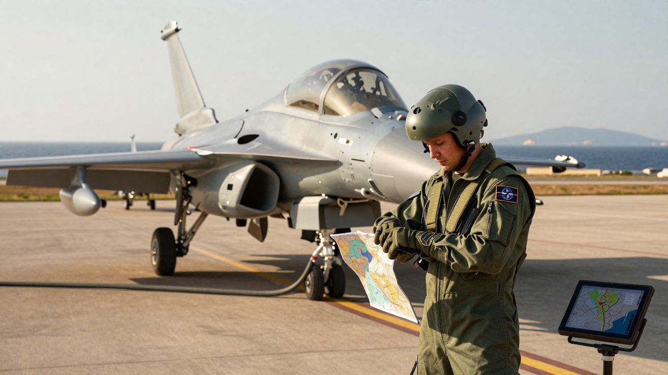 Piloto militar com capacete verifica mapa em frente a caça militar estacionado em pista de aeroporto.