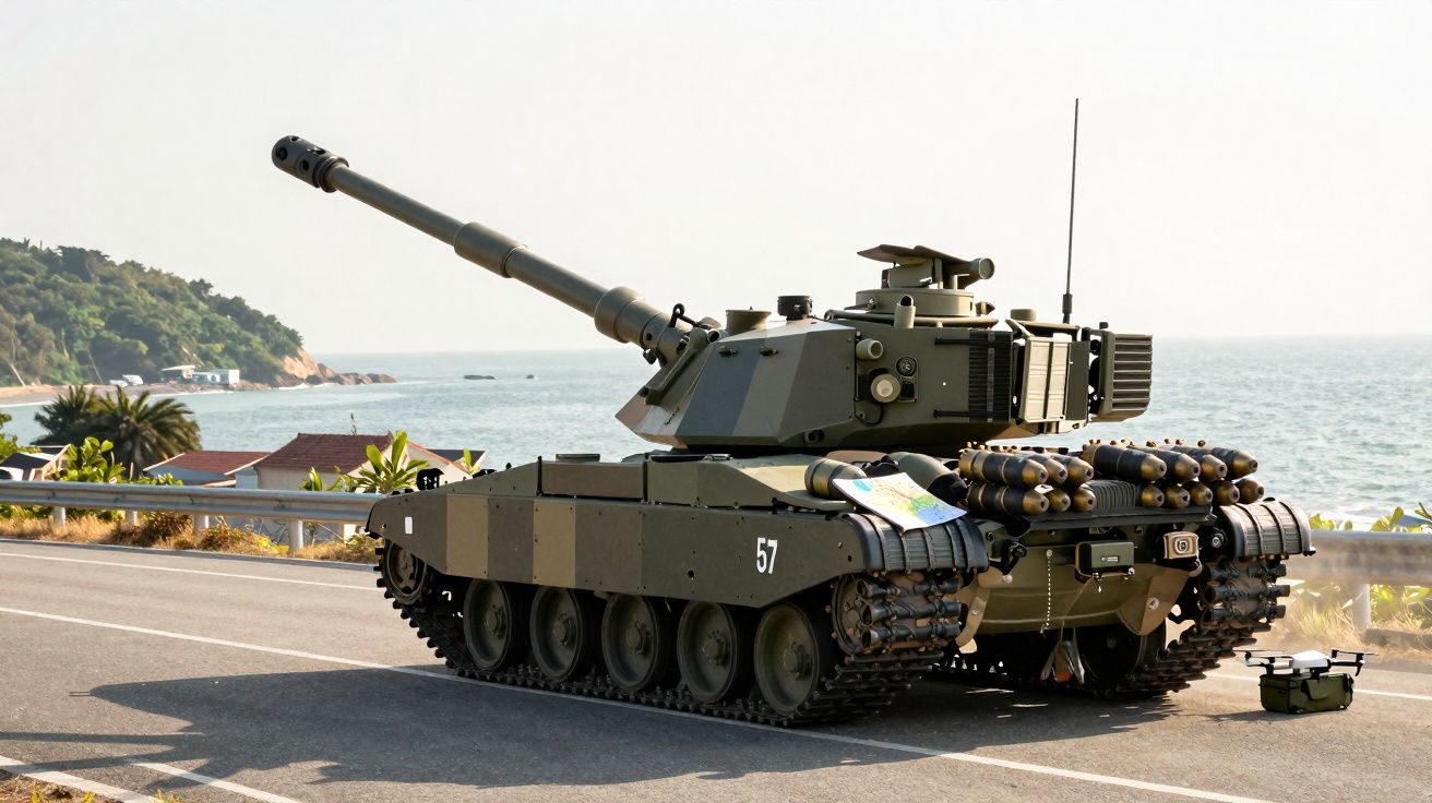 Tanque de guerra verde estacionado em estrada perto do mar, com colina e vegetação ao fundo.