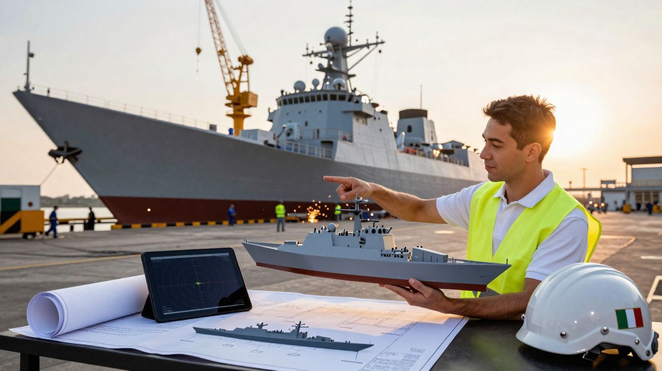Engenheiro naval analisando maquete de navio militar em cais com grandes planos e computador.