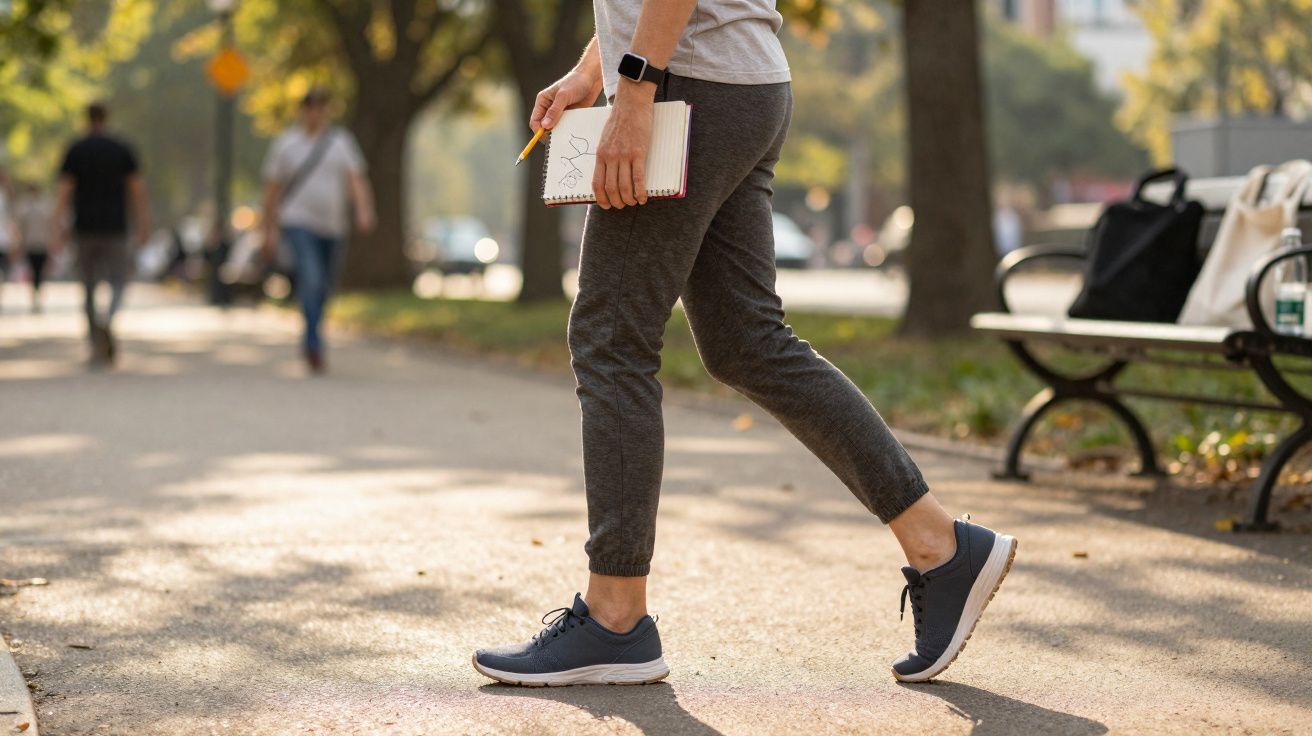 Pessoa caminhando em parque segurando bloco de notas e lápis, com outras pessoas ao fundo.