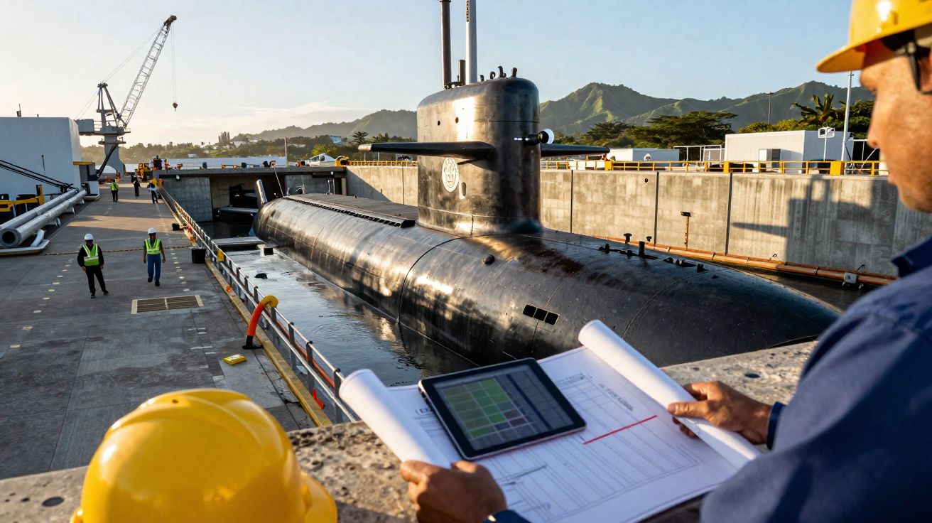 Homem com capacete amarelo analisando planta com submarino preto e trabalhadores em doca seca ao fundo.