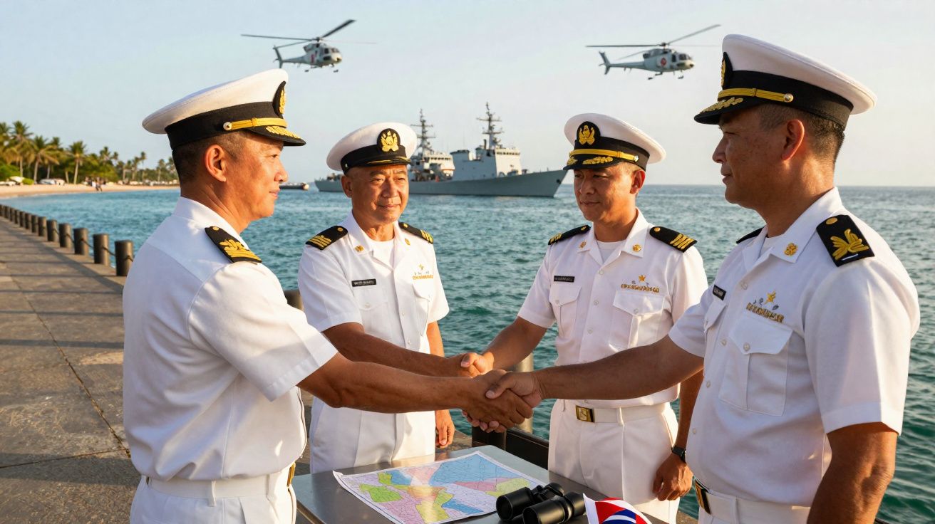 Quatro oficiais navais em uniforme branco apertando as mãos ao lado do mar com navios e helicópteros ao fundo.