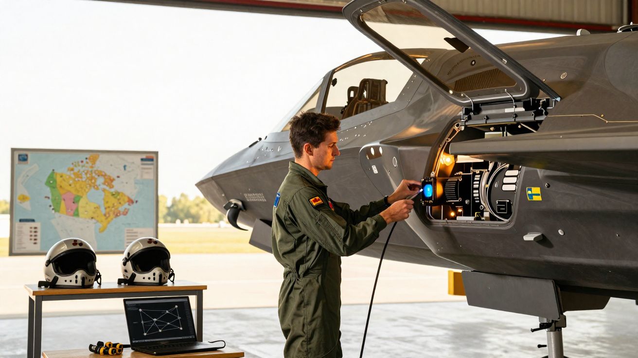 Técnico militar inspeciona equipamento de caça F-35 em hangar com mapa, capacetes e laptop ao lado.