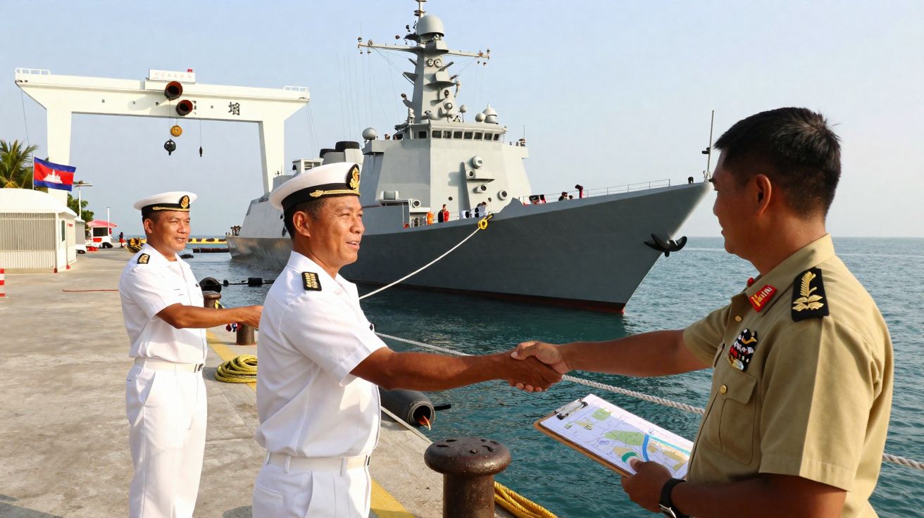 Marinheiros e oficial apertam mãos no cais com navio militar ancorado ao fundo em dia claro.