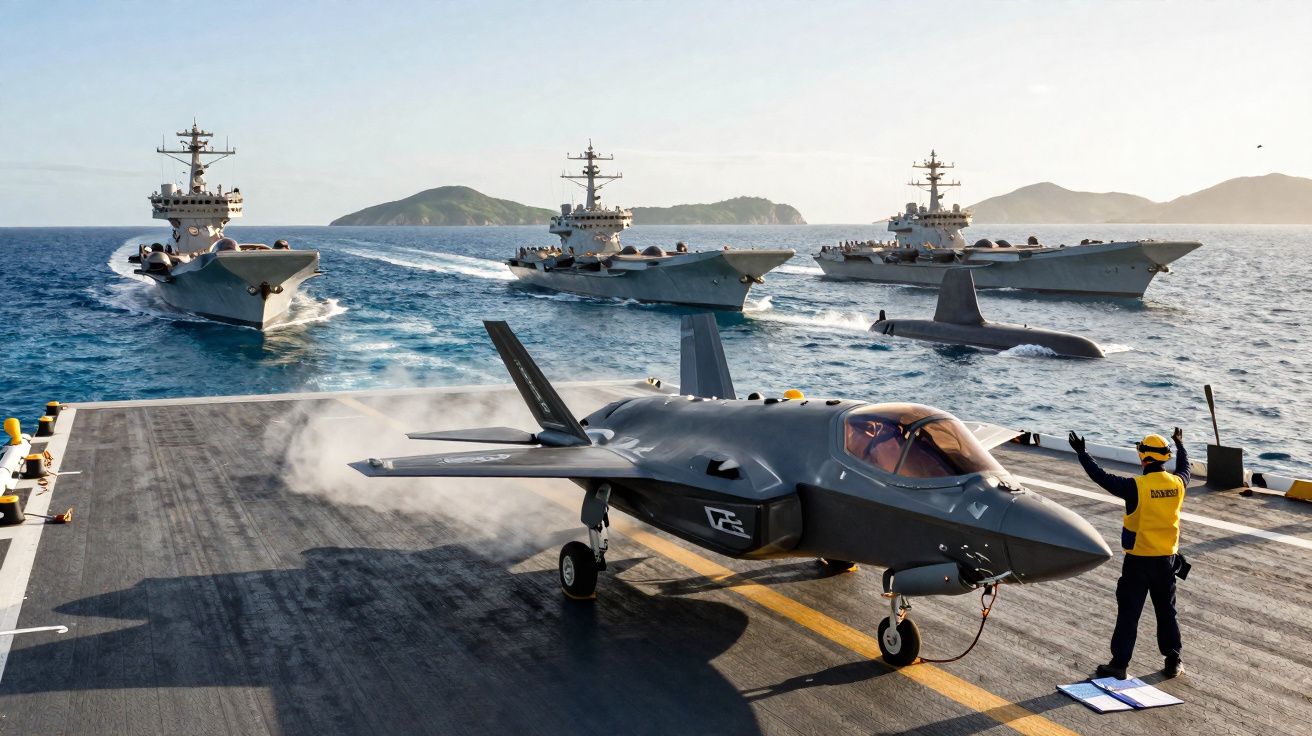 Caça F-35 em um porta-aviões com três navios de guerra e um submarino ao fundo no mar.