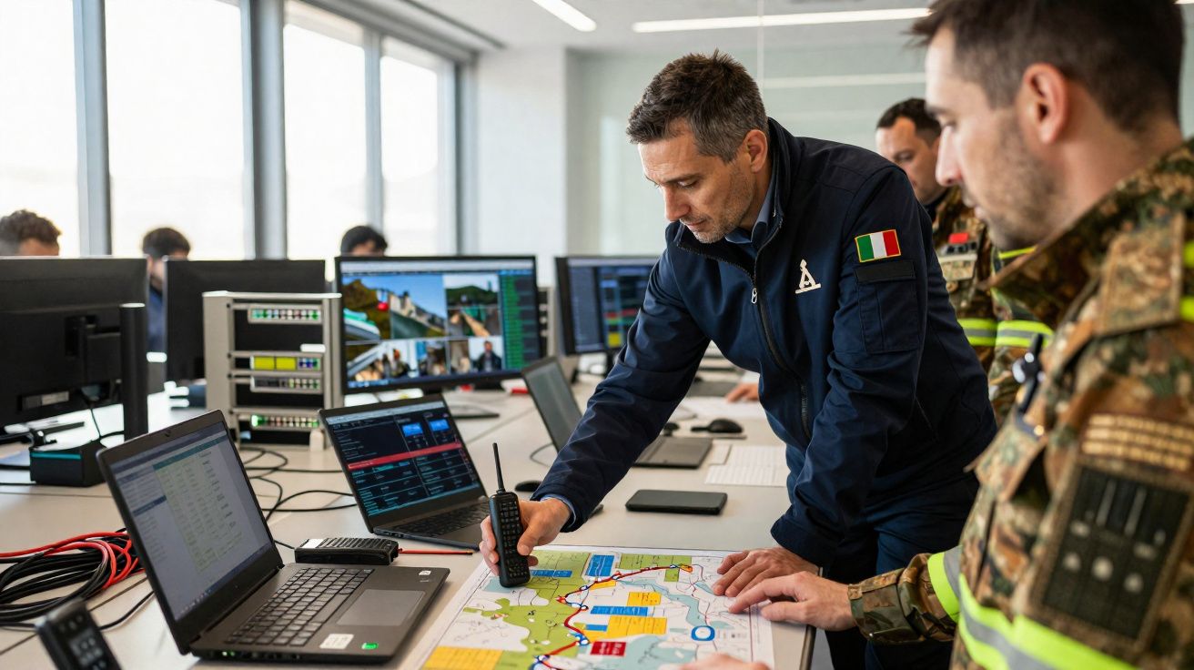 Homens em uniformes militares analisam mapa e coordenam ações em sala com vários computadores e equipamentos.