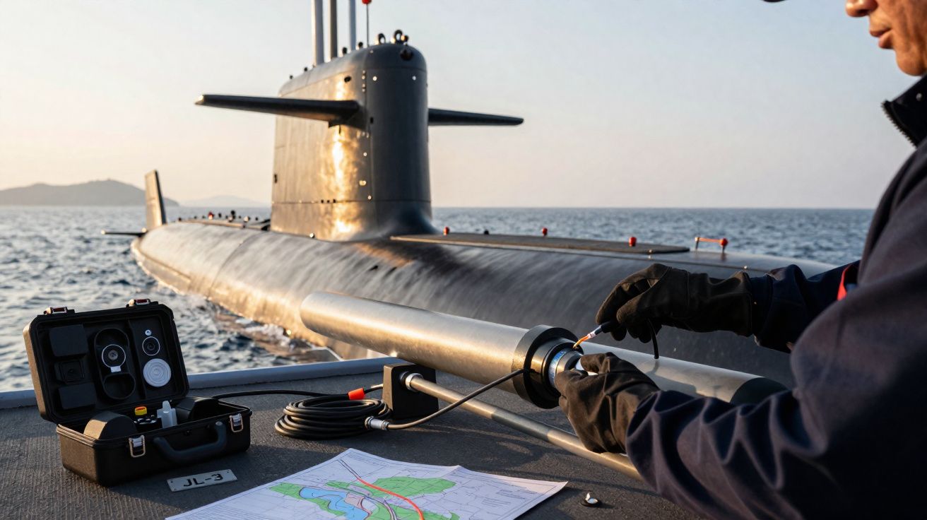 Pessoa com luvas manuseia equipamento ao lado de submarino no mar durante o dia com mapa na mesa.