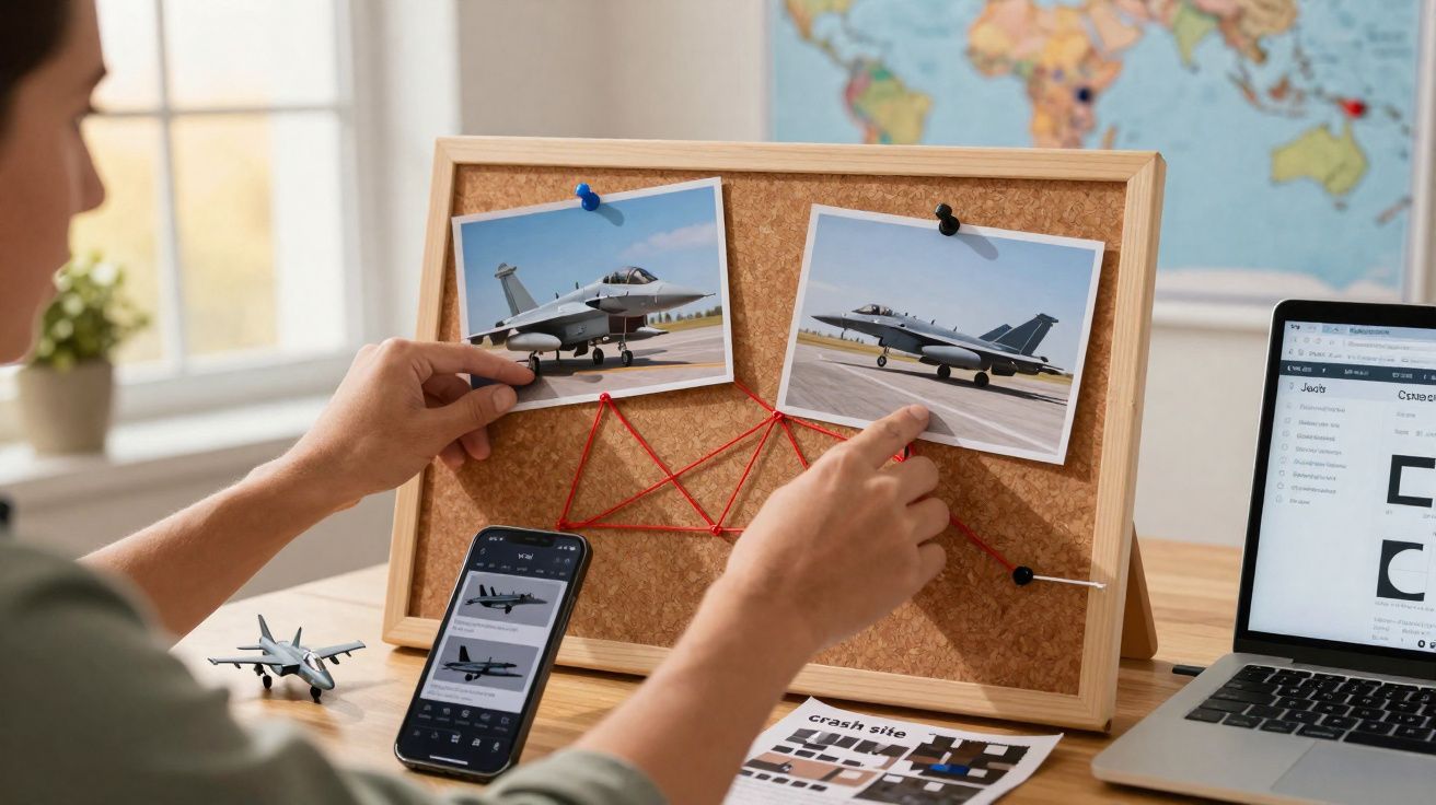 Pessoa analisando fotos de aviões militares em quadro de cortiça com linhas vermelhas conectando pontos.