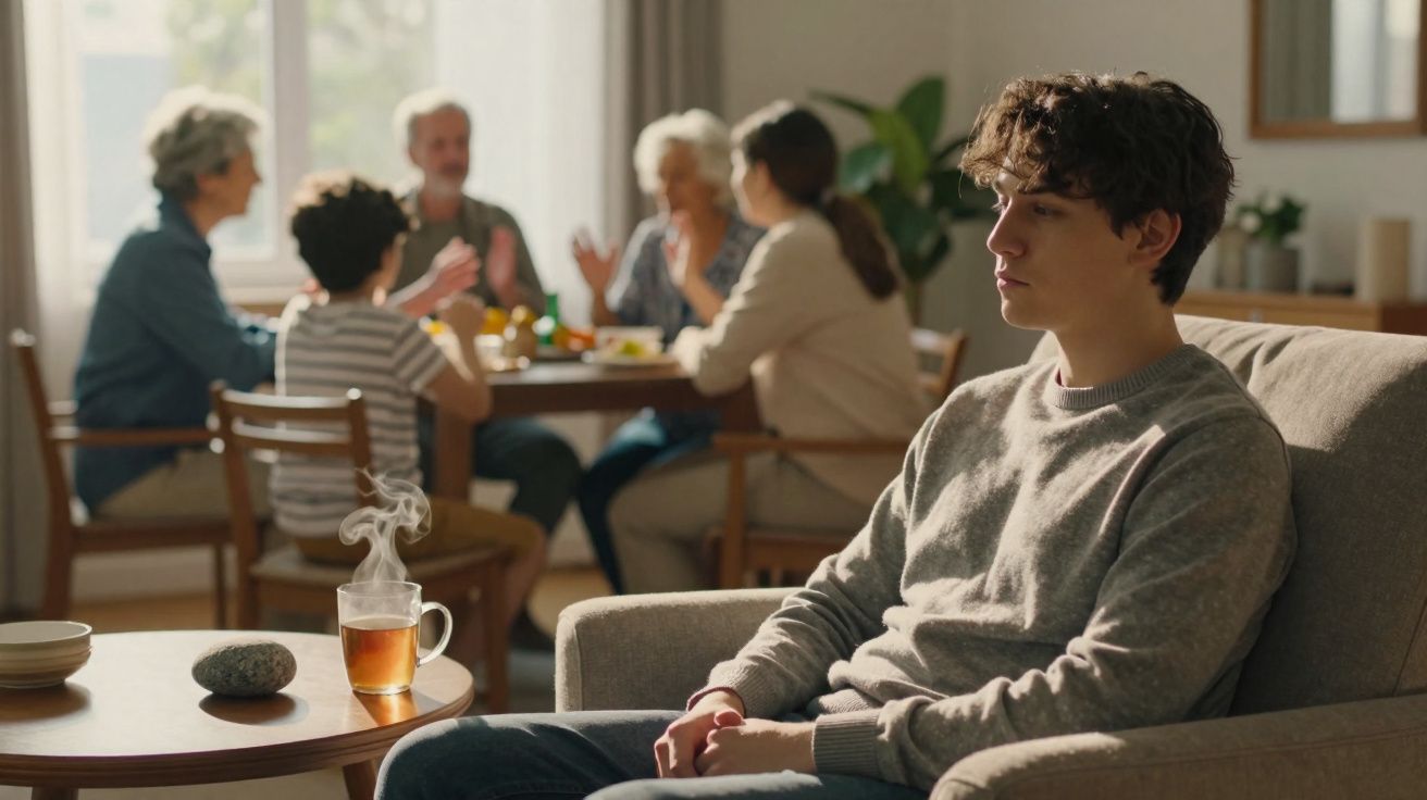 Jovem sentado sozinho no sofá enquanto família conversa alegremente ao fundo em volta da mesa de jantar.