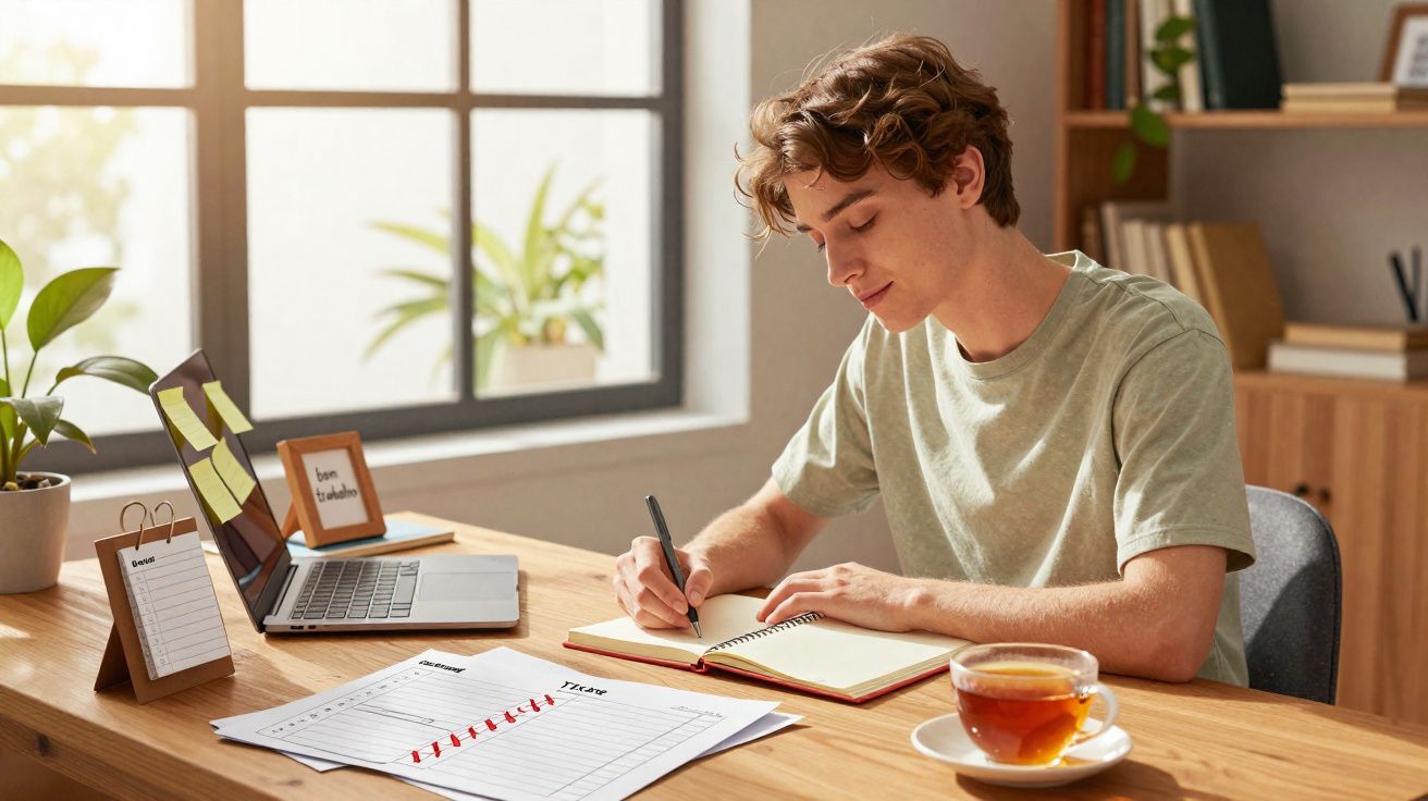 Jovem escrevendo em caderno sentado à mesa com laptop, plantas e xícara de chá em ambiente iluminado.