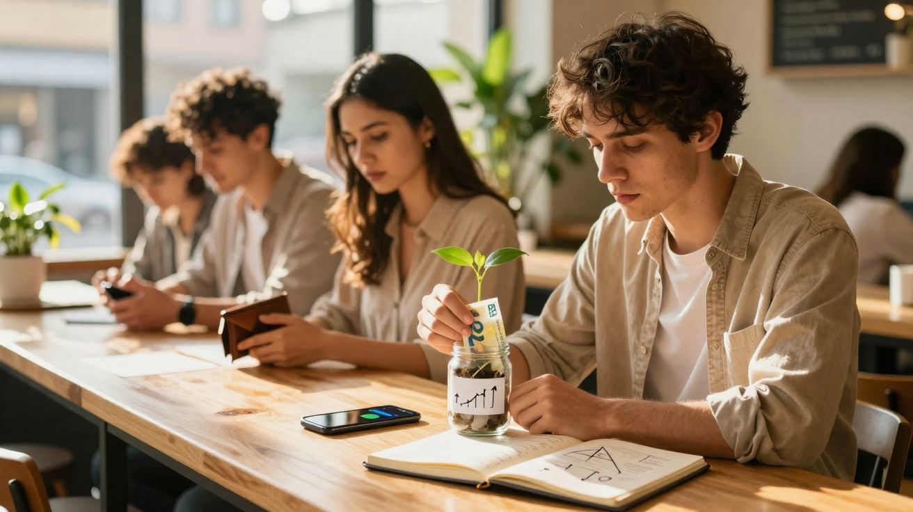 Jovem colocando nota em pote com planta, simbolizando investimento, em mesa com outras pessoas usando celular.