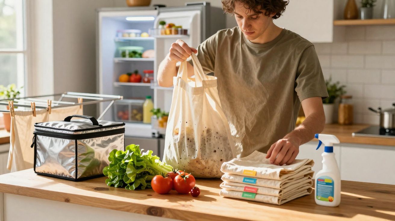 Jovem guarda compras em saco reutilizável na cozinha, com legumes, caixa térmica e roupas dobradas na mesa.