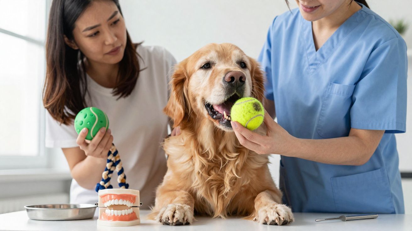 Veterinária e dona brincam com golden retriever usando bola de tênis durante consulta odontológica.